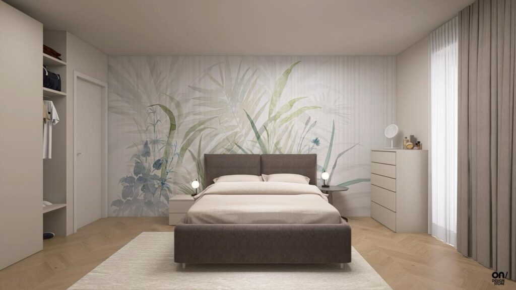 Render trilocale — vista d’insieme della zona giorno.