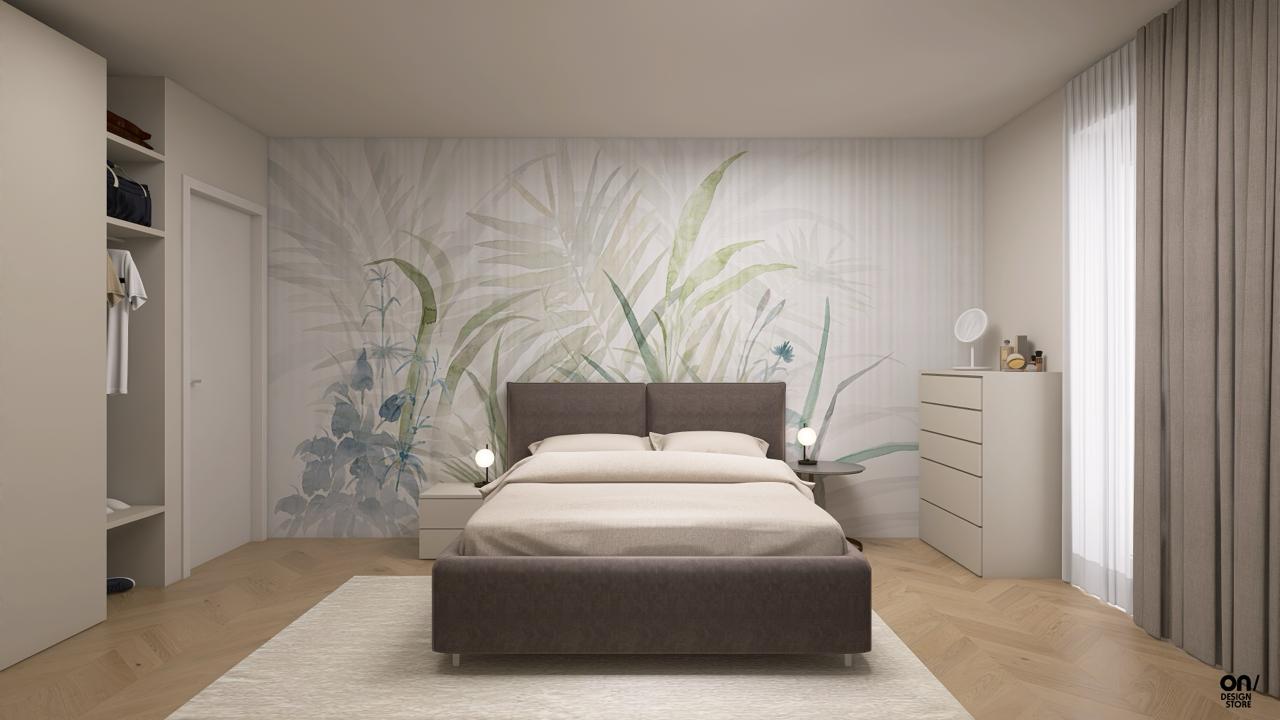 Render trilocale — vista d’insieme della zona giorno.